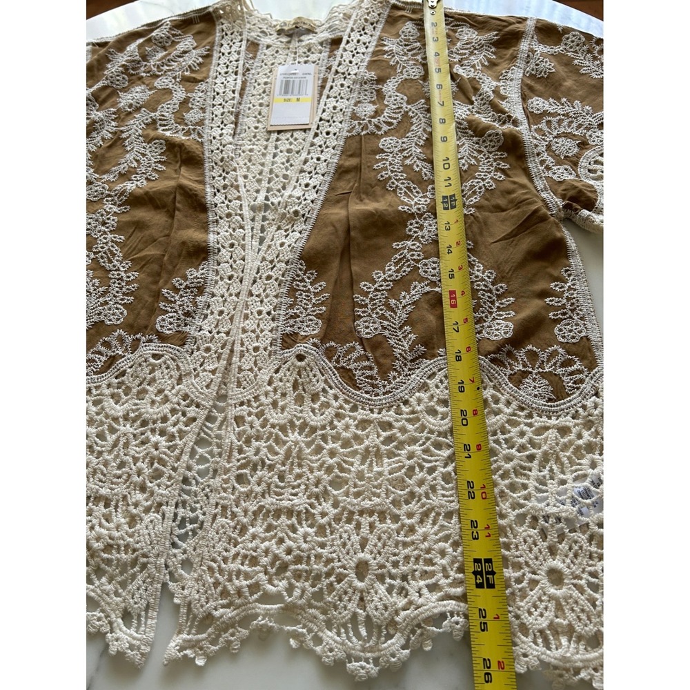 NWT Democracy Women Embroidered Crochet Lace Kimono Cardigan Shrug Bronze Gold M - Picture 5 of 11